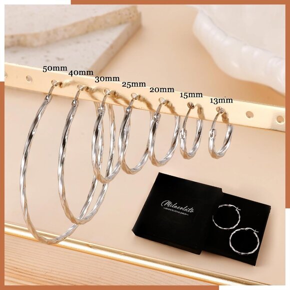 925 Sterling Silver Hoop Earrings Women 20mm White Gold Plated Lightweight Hypoa - Picture 5 of 5